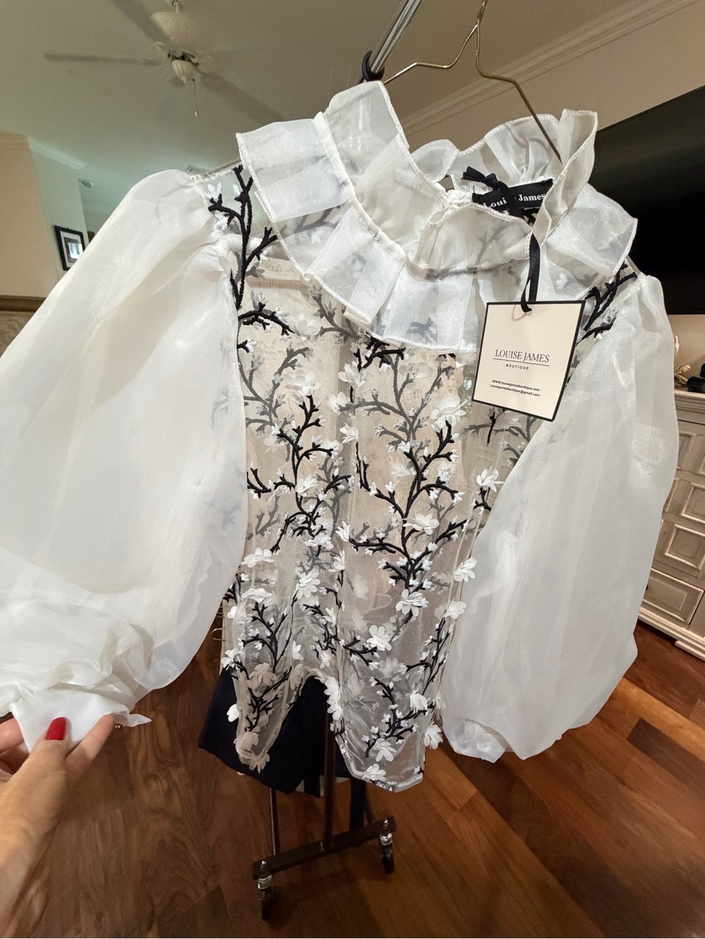 White Sheer Floral Embroidered Puff Sleeve Blouse